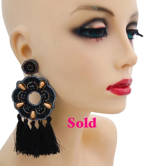 Jewelry - SOLD❗️🆕 BLACK & GOLD  EMBROIDERED TASSEL EARRINGS